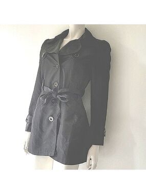 River Island Black Button-Down Tie Waist Trench Coat Size M